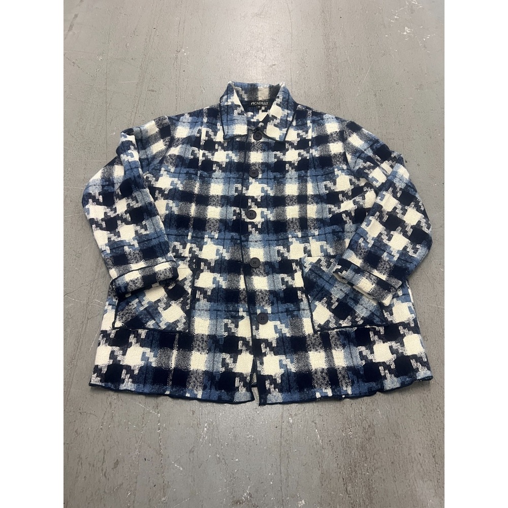 Picadilly Canada Jacket Women M Slate Blue Multi Houndstooth Button Front Preppy